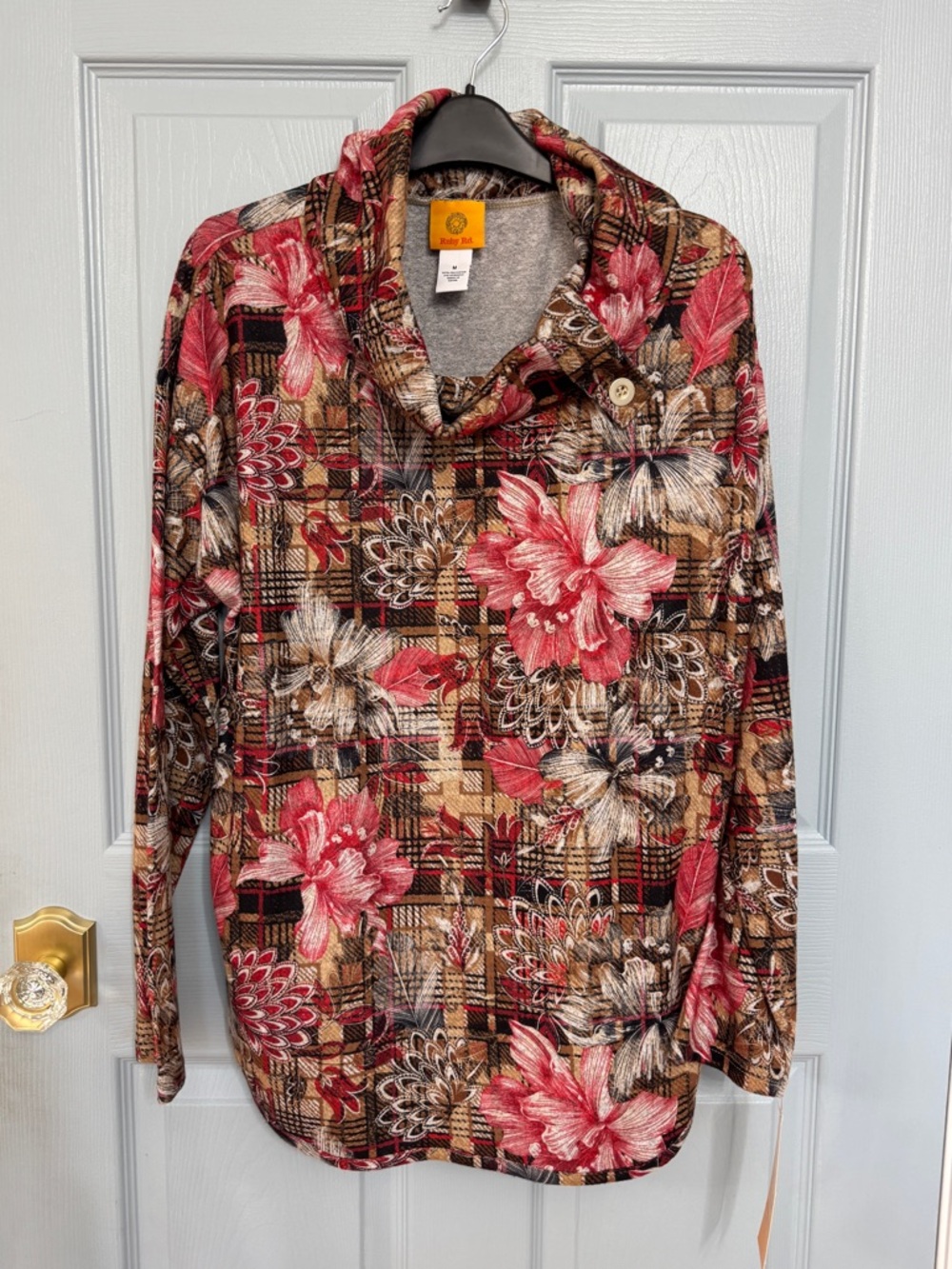 Ruby Road Cozy Season Floral Plaid Button-Neck Pullover Top Red Brown Med NWT